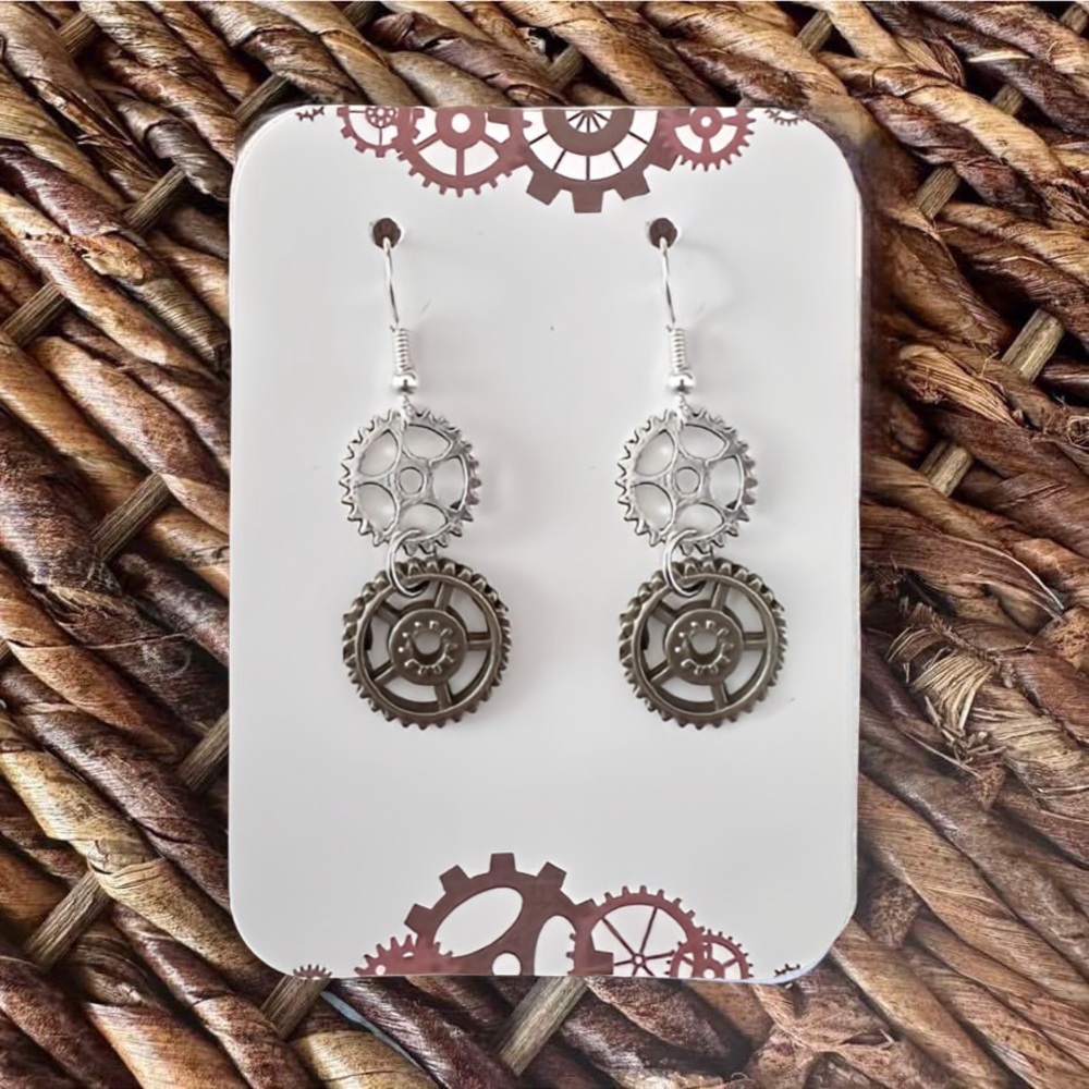 New Handmade Steampunk Gear Dangle Earrings (1.9" long x 0.7" wide) (Version 10)